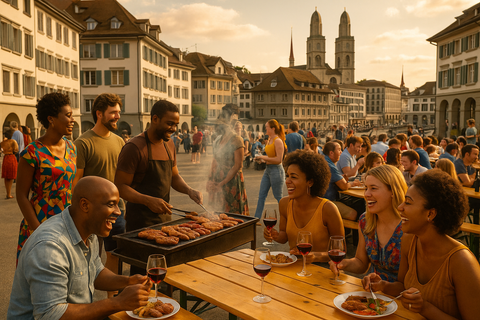 South Africa Braai Party in Zürich. Leute lachen, Essen und trinken Wein an einem schönen Sommertag inmitten Zürich. Man sieht den Grill eine Schlage von leuten die anstehen und geduldig warten während andere an Festbänken sitzen und bereits essen.